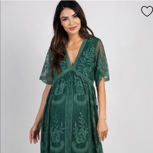 Teal Green Lace Mesh Overlay Maternity Maxi Dress
